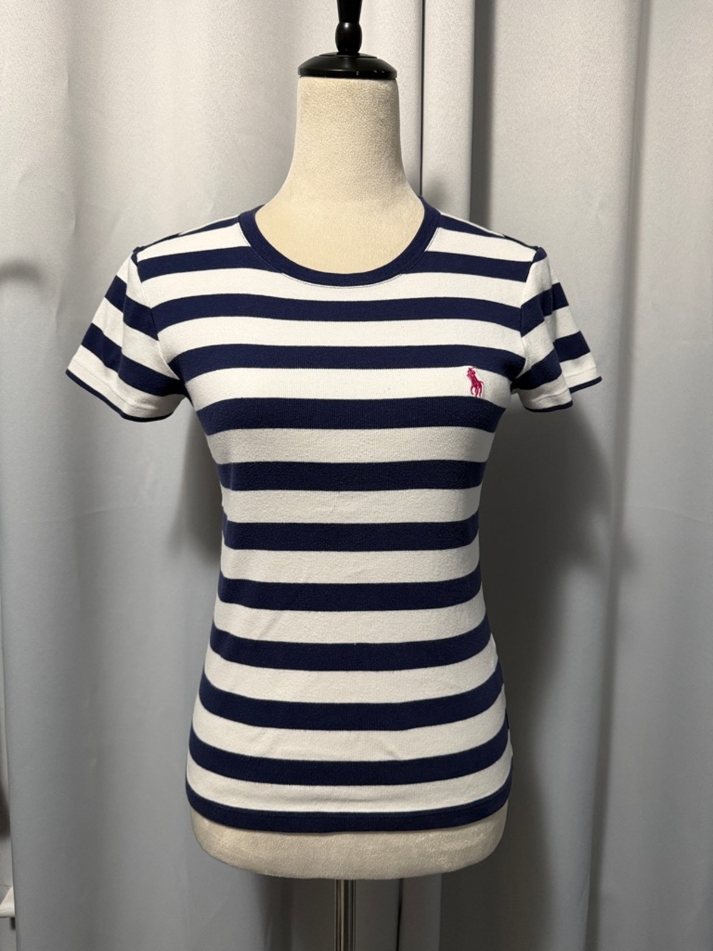Ralph Lauren Navy and White Striped Short-Sleeve Tee with Pink Pony Medium